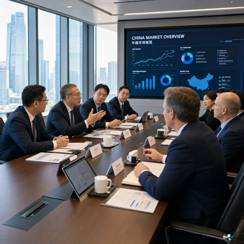 International executives in a boardroom discussing China market insights during a business delegation tour.