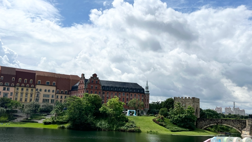 Lakeside working blocks at Huawei Songshan Lake Campus seen from the water during a China tech study tour