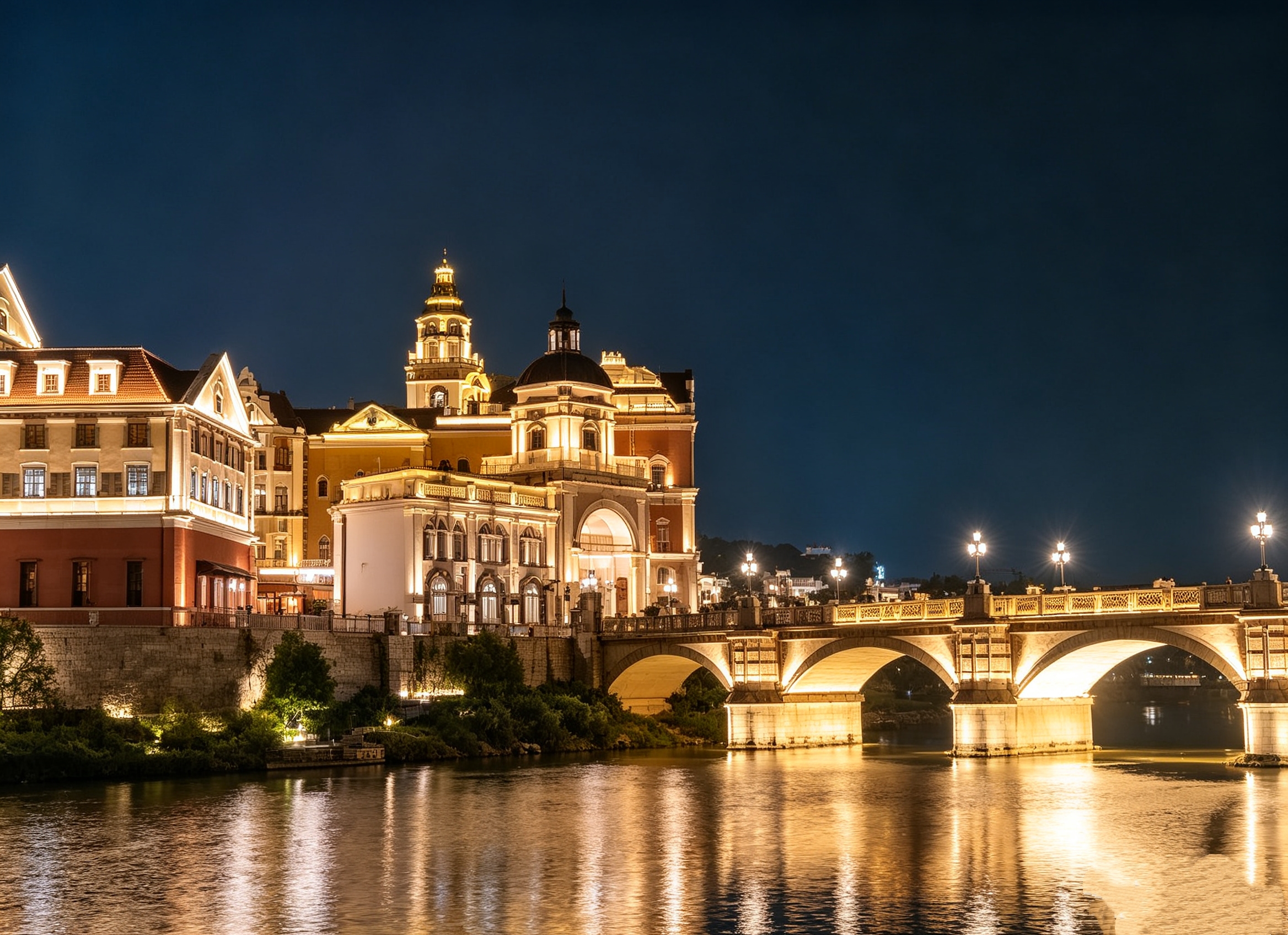 Huawei's European-style lakeside campus illuminated at night during a China study tour