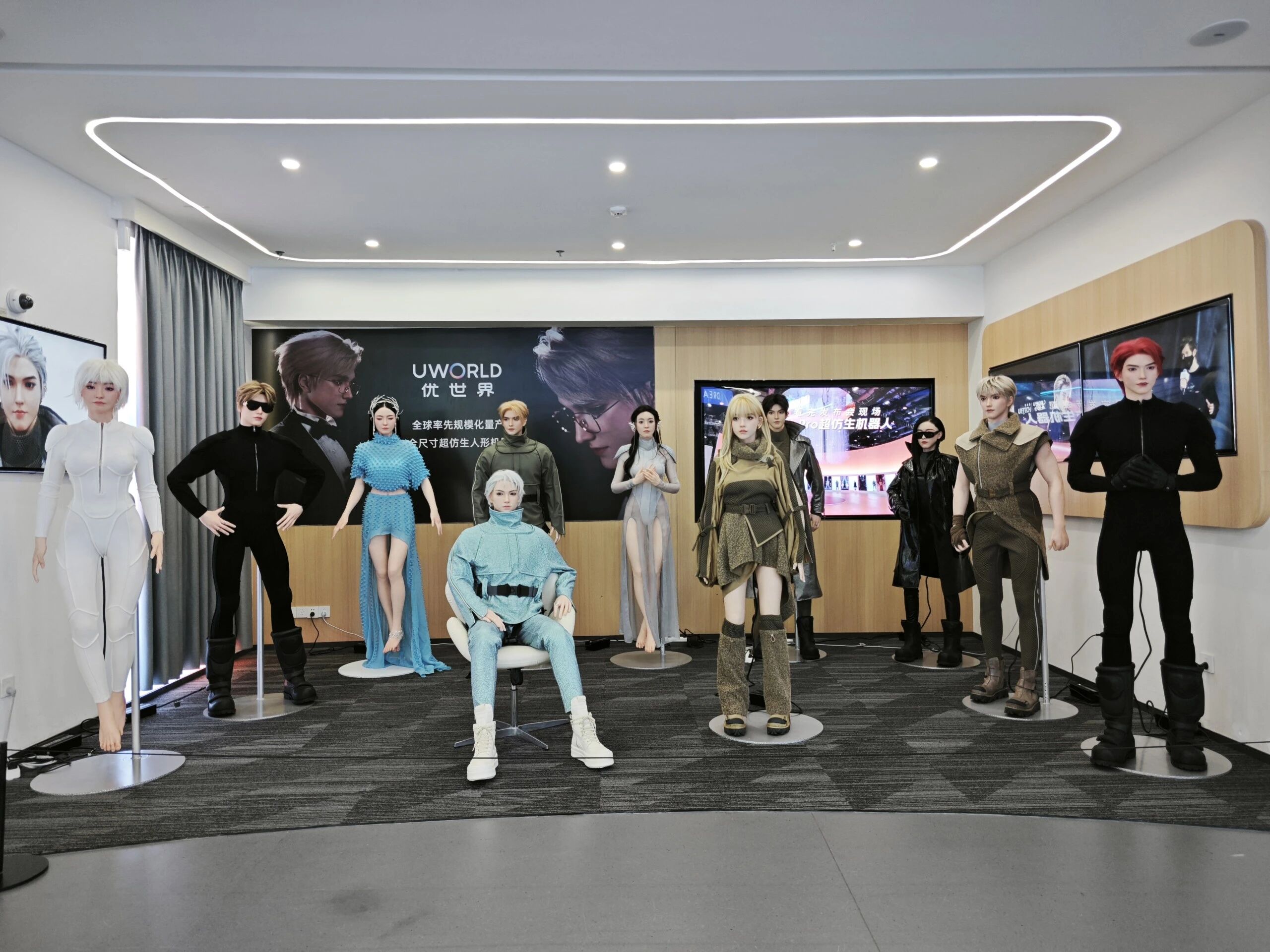 UBTECH UWorld showroom displaying the full Walker series humanoid robot lineup