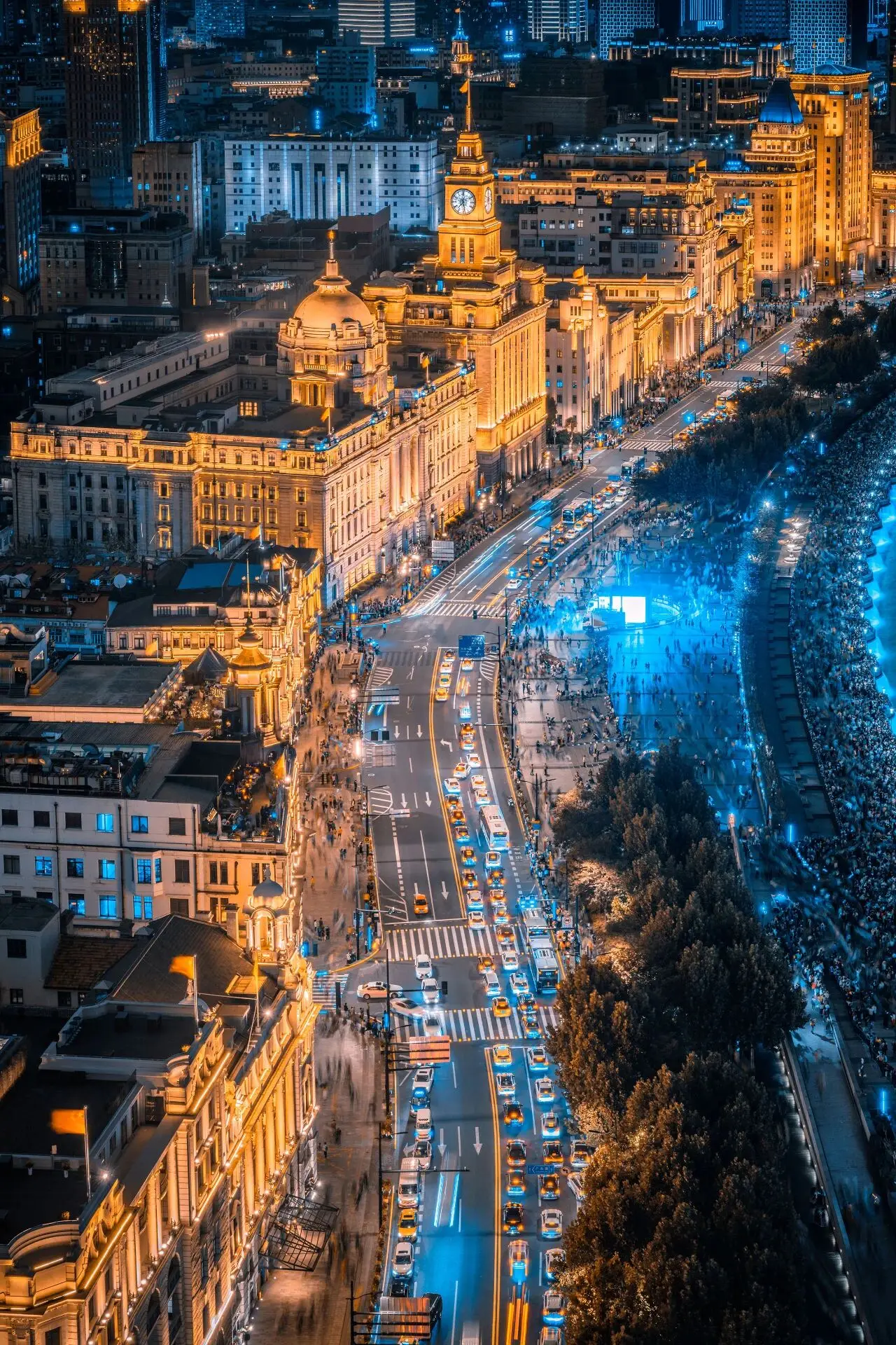 Aerial view of the Bund and Lujiazui skyline in Shanghai at night