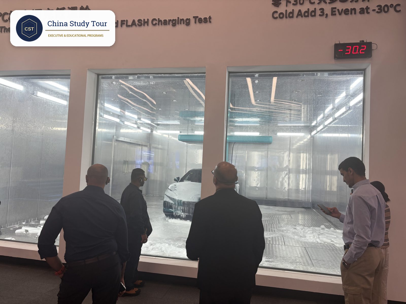 BYD extreme cold flash charging test chamber at minus 30 degrees Celsius with a frost-covered car inside