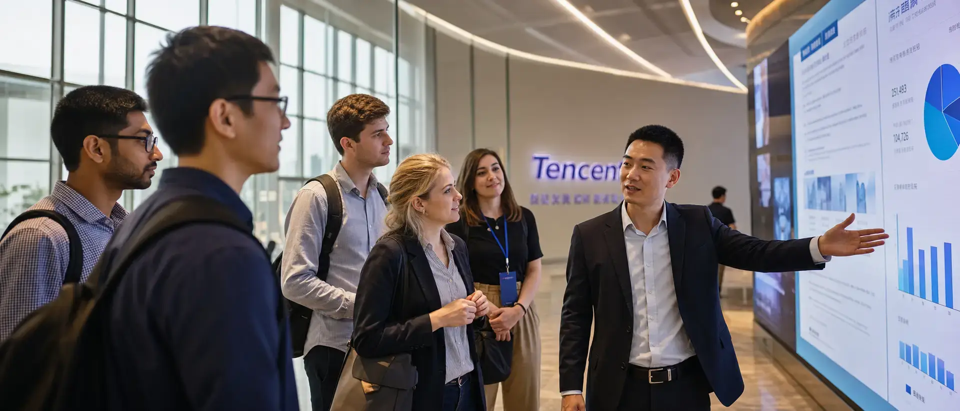 A host explains a data wall to a visiting group at Tencent