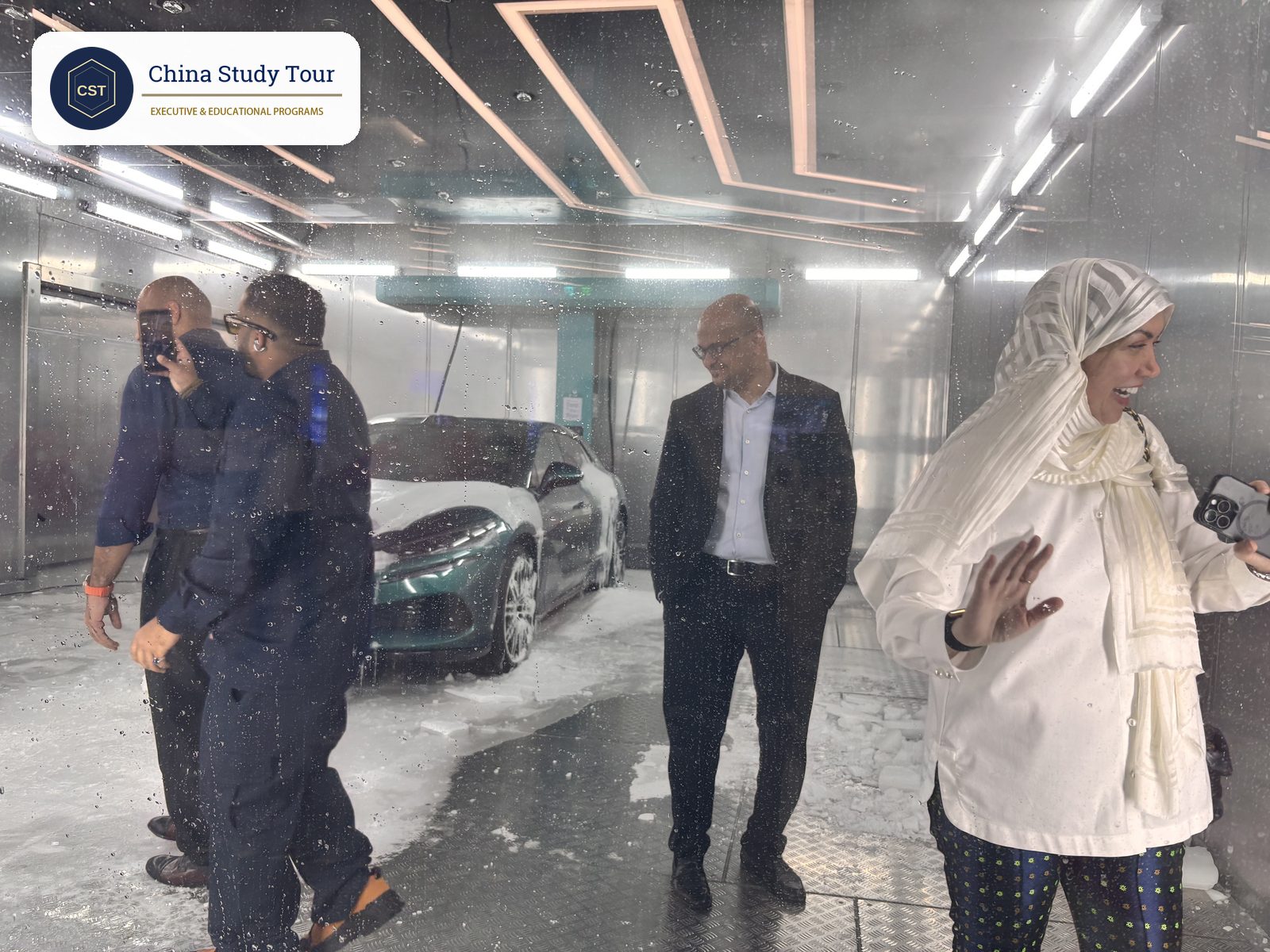 Members of the Saudi delegation inside the minus 30 degree charging chamber during their BYD visit